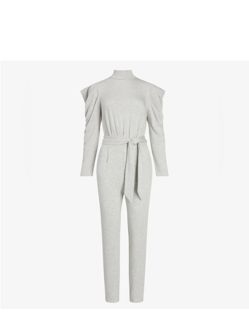 Express Light Gray Mock Neck Jumpsuit with Self-Tie Belt